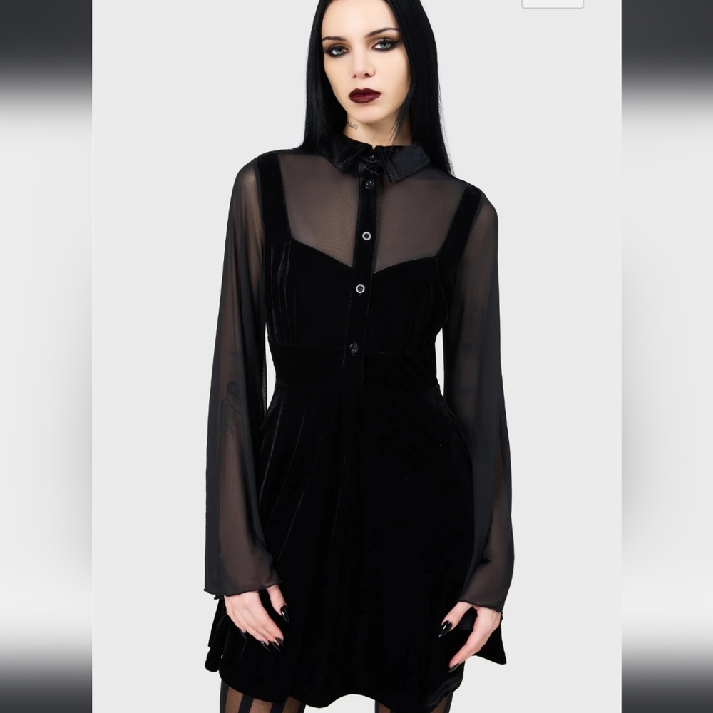 Killstar Black Dress with Sheer Long Sleeves - Picture 2 of 5